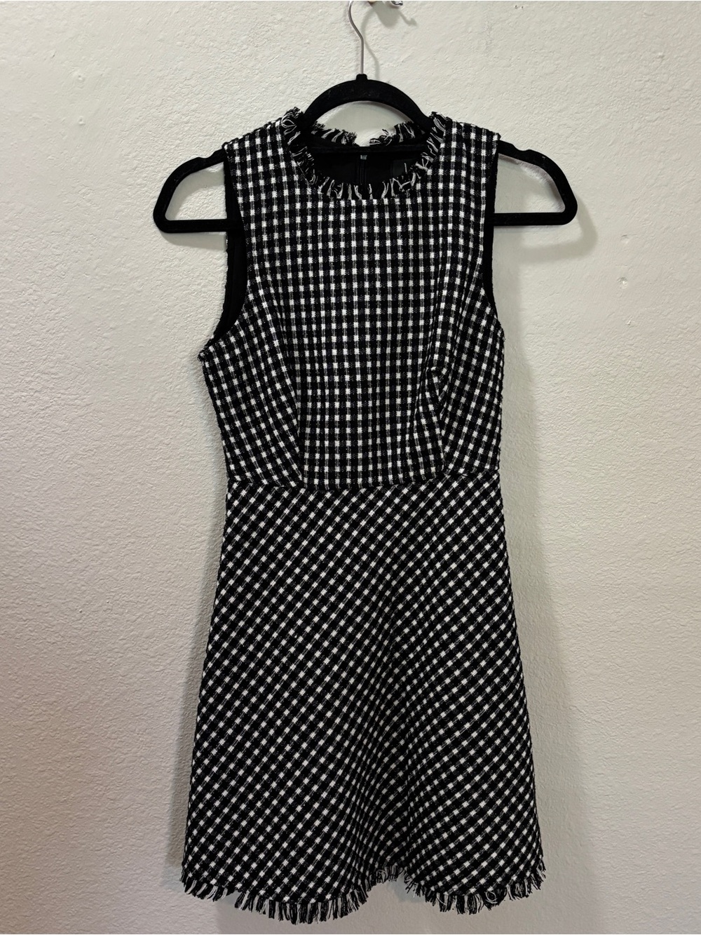 Lulus Black White Gingham Woven Fringe Trim Sleeveless Dress Size XS